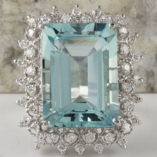 14.90 Carats NATURAL AQUAMARINE and DIAMOND 14K Solid White Gold Ring