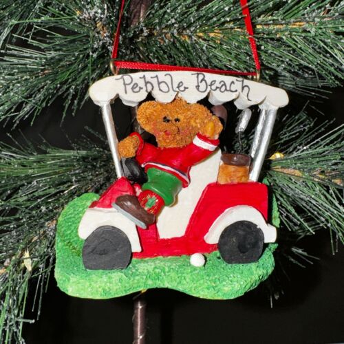 EUC Vintage Pebble Beach Golf Club Christmas Ornament Teddy Bear Resin Golf Cart - Picture 1 of 4