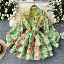 Women's Lace-up Waist Lantern Sleeve Ruffle Fluffy Printed Floral A-line Dresses