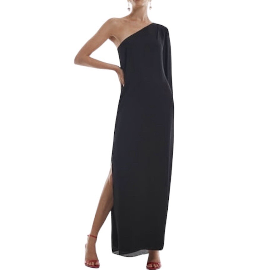 krisa one shoulder dress New Krisa One Shoulder Long Sleeve Side Slit Maxi Dress Black Size XS