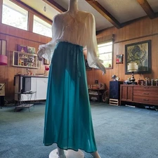 Vintage 70s Keyhole Ascot Balloon Sleeve Teal Maxi Dress Formal Party Gown M/L
