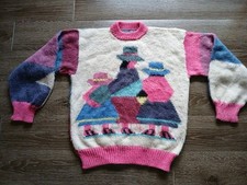 Vtg 80s Peruvian Baby Alpaca Sweater Wool S/M Geometric Design Women In Hats