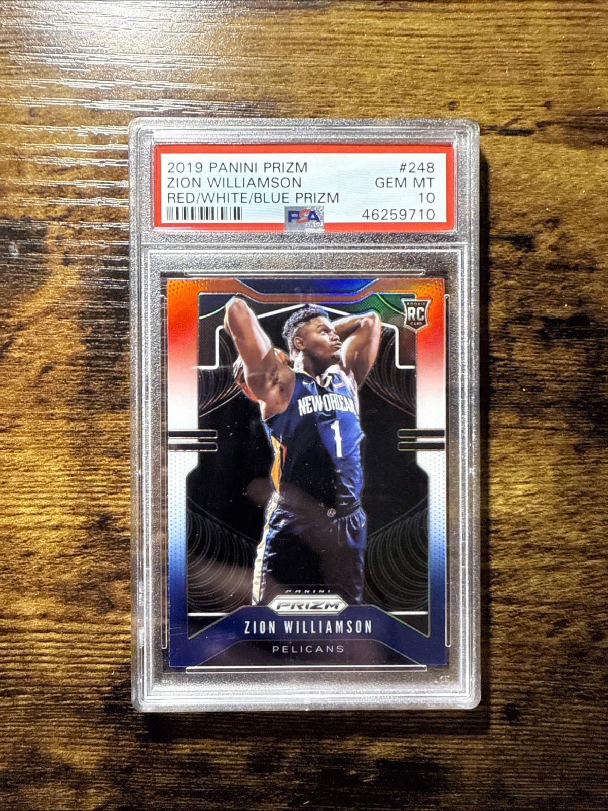 2019-20 PANINI PRIZM ZION WILLIAMSON ROOKIE RED WHITE BLUE #248 PSA 10