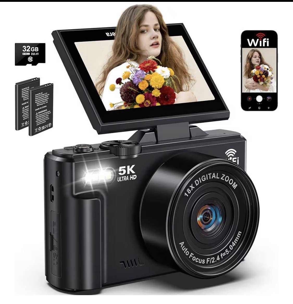 5K Ultra HD 75MP Autofocus Compact Digital Camera Wi-Fi 18x Zoom