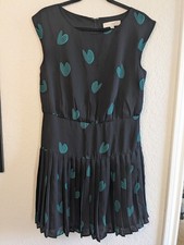 LOFT Ann Taylor Mini Dress Size 6 Pleated Skirt Sleeveless Black Teal Hearts
