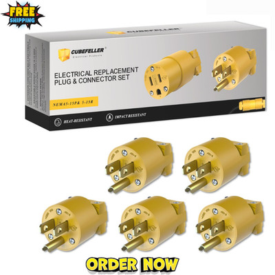Extension Cord Ends Male Kit, Replacement Plug, 3 Prong, 15Amp, 125Volt | 5pcs