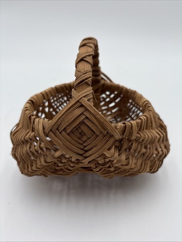 Primitive Woven Oak Splint EGG GATHERING BUTTOCKS BASKET Handle Small 7.25”x6”x5 - Picture 10 of 10