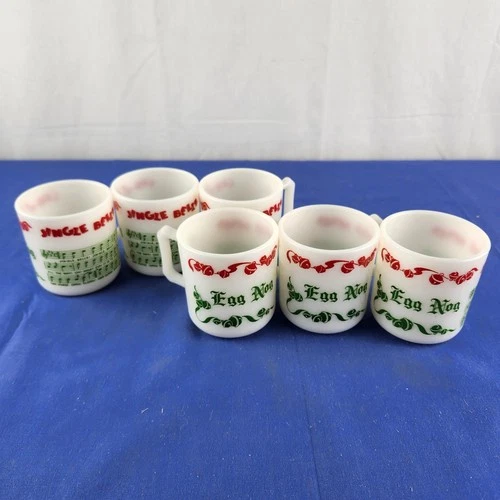 Hazel Atlas Egg Nog Jingle Bells Milk Glass 6 Cups Mugs Vintage Christmas