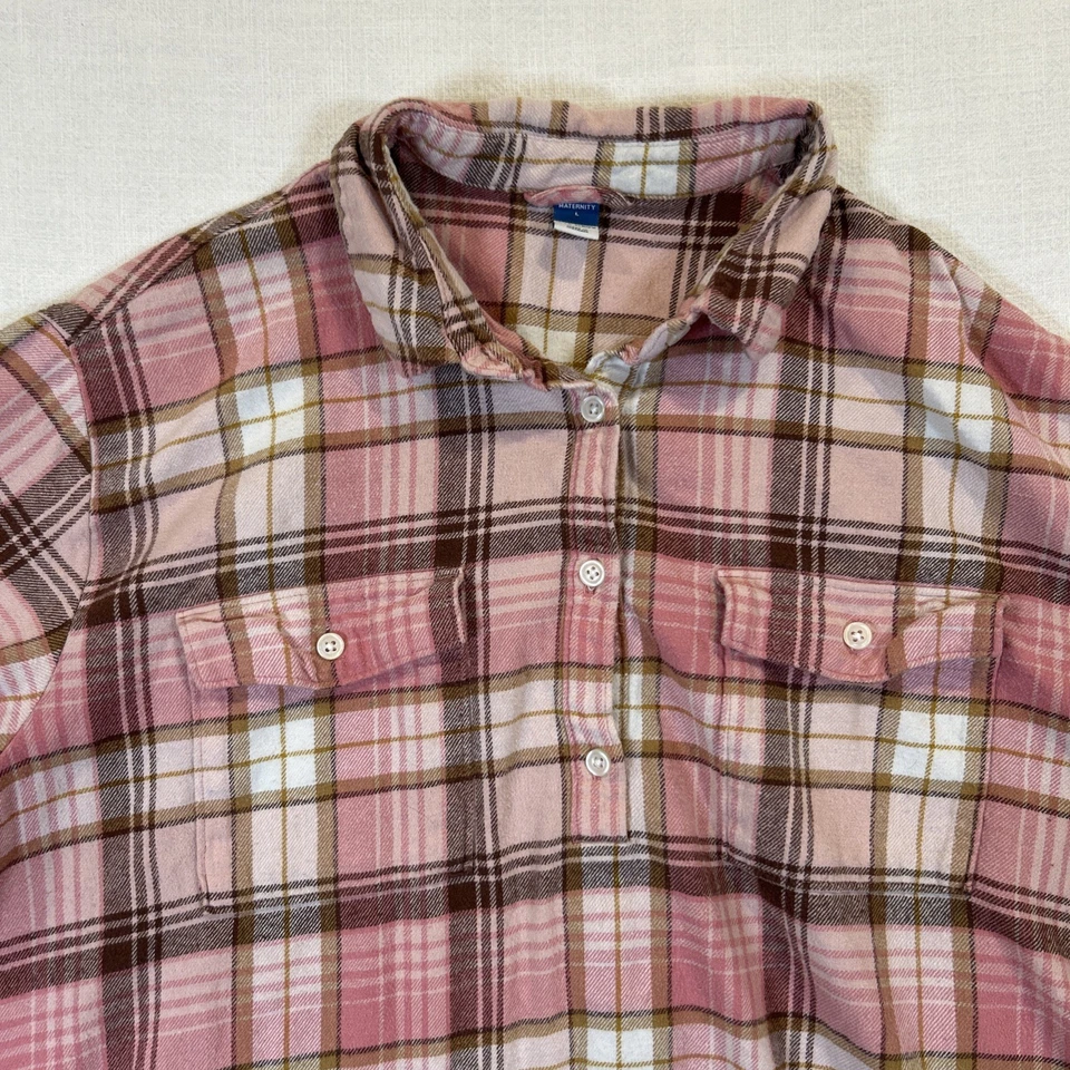 Old Navy Maternity Plaid Flannel Boyfriend Pullover Pink Top Size L 100% Cotton - Image 3 of 4