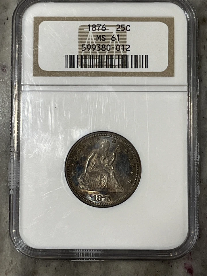 1876 Seated Liberty Quarter Rainbow Toning  NGC MS61 Old Holder Excellent Luster - Image 2 of 4