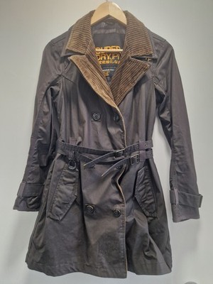 Superdry Safari Mac Wax Coat Brown Double Breasted Waxed Jacket Uk M Size 12-14