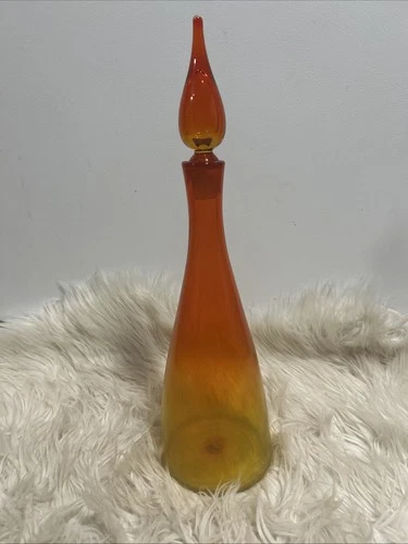 Blenko Glass Tangerine Ombré Decanter & Stopper Genie Bottle 16.5”Vintage Rare