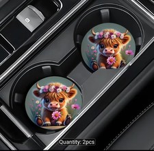 Highland Cow~ Set of 2 Car Coasters. Floral. ...