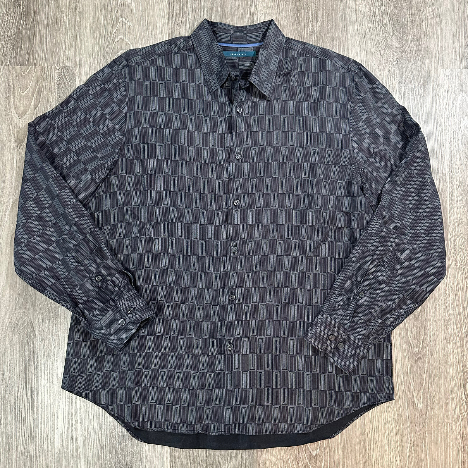 Perry Ellis Long Sleeve Men’s XL Shirt Black Multicolored Geometric Pattern