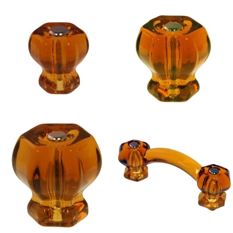 1-1/4" AMBER Hexagonal Glass Knob orange flame honey brown inch Hexagon antique  - Image 2 of 4