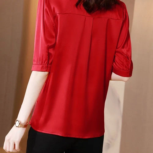 Camisa Blusa Top Oficina Dama Satén Imitación Seda Camisa Manga Corta Abotonada - Imagen 10 de 22