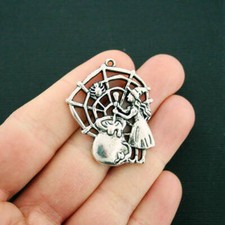 BULK 10 Witch Charms Antique Silver Tone Cauldron and Spiderweb - SC2993