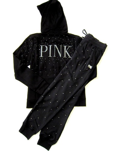BLING Victoria Secret Pink RHINESTONE SHINE LOGO SWEAT SHIRT HOODIE PANT SET M L