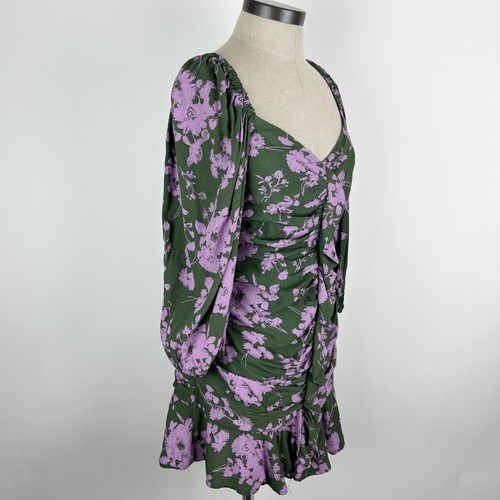 Umgee Ruched Dress Size Medium Floral Green Lavender Ruffle Balloon Sleeves Mini - Picture 9 of 16