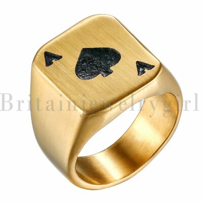 Gold Plated Stainless Steel Ace of Spades Poker Ring Mens Wedding Band Size 7-14
