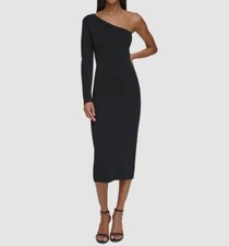 Calvin Klein Women's Black One-Shoulder Midi Sweater Dress Size L