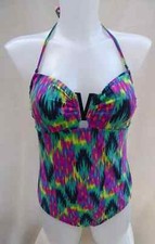 Multicoloured h'neck/strapless tum control pad top swimming costume Size 12