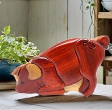 Kneeling Pig - Wood Intarsia Puzzle Box - Handcrafted with Secret Compartment