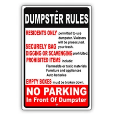 Dumpster Rules No Parking Dumping Policy Warning Notice Aluminum Metal Sign