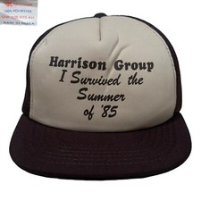 VTG USA Made Harrison Group I Survived The Summer Of 1985 Mesh Trucker Hat Brown