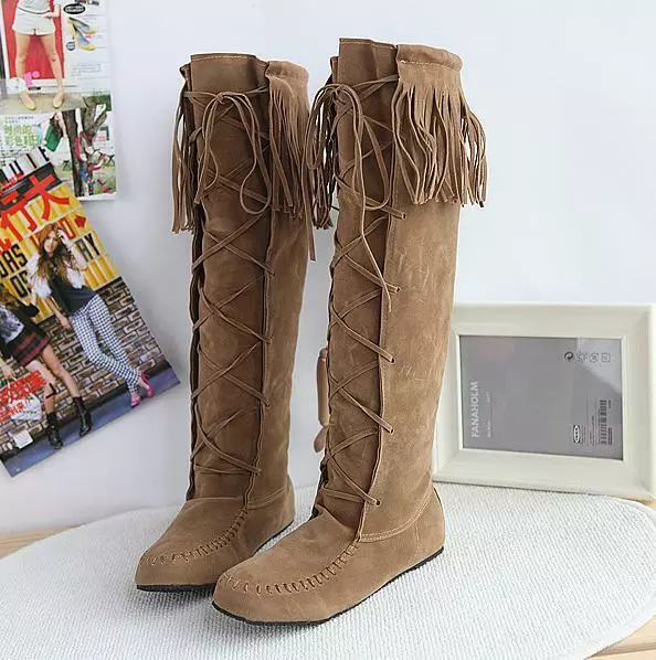 Vintage Womens ladies Tassel Faux Suede Lace Up Comfy Moccasins