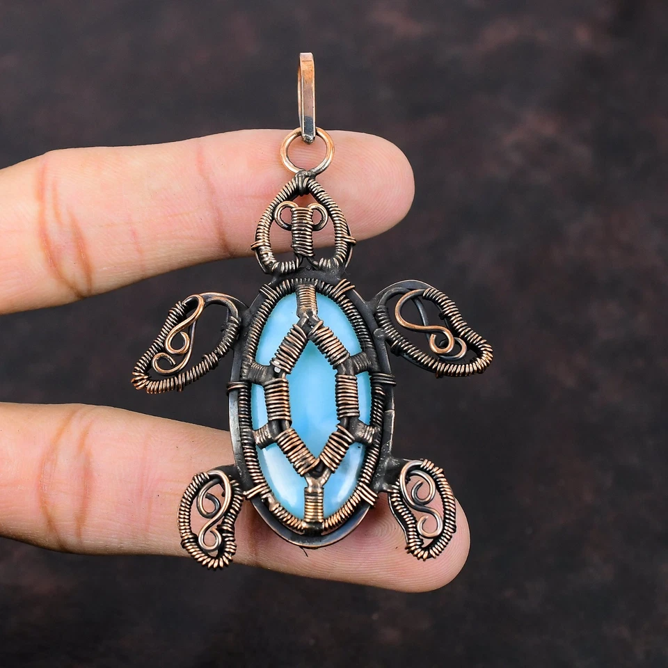 Gift For Her Copper Larimar 宝石珠宝丝包装龟吊坠 2.99 — 第 3/4 张图片
