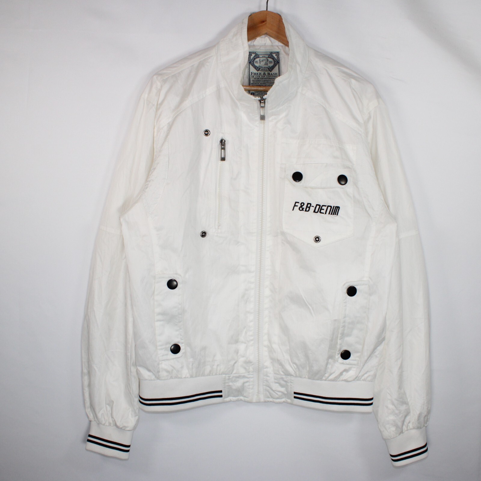 F&B Vintage Satin Jacket Mens Large White 90s Utility Softshell Full Zip Varsity