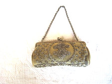Art Deco Small Suede Evening Clutch/ Bag Metallic Beading Metal Chain Strap