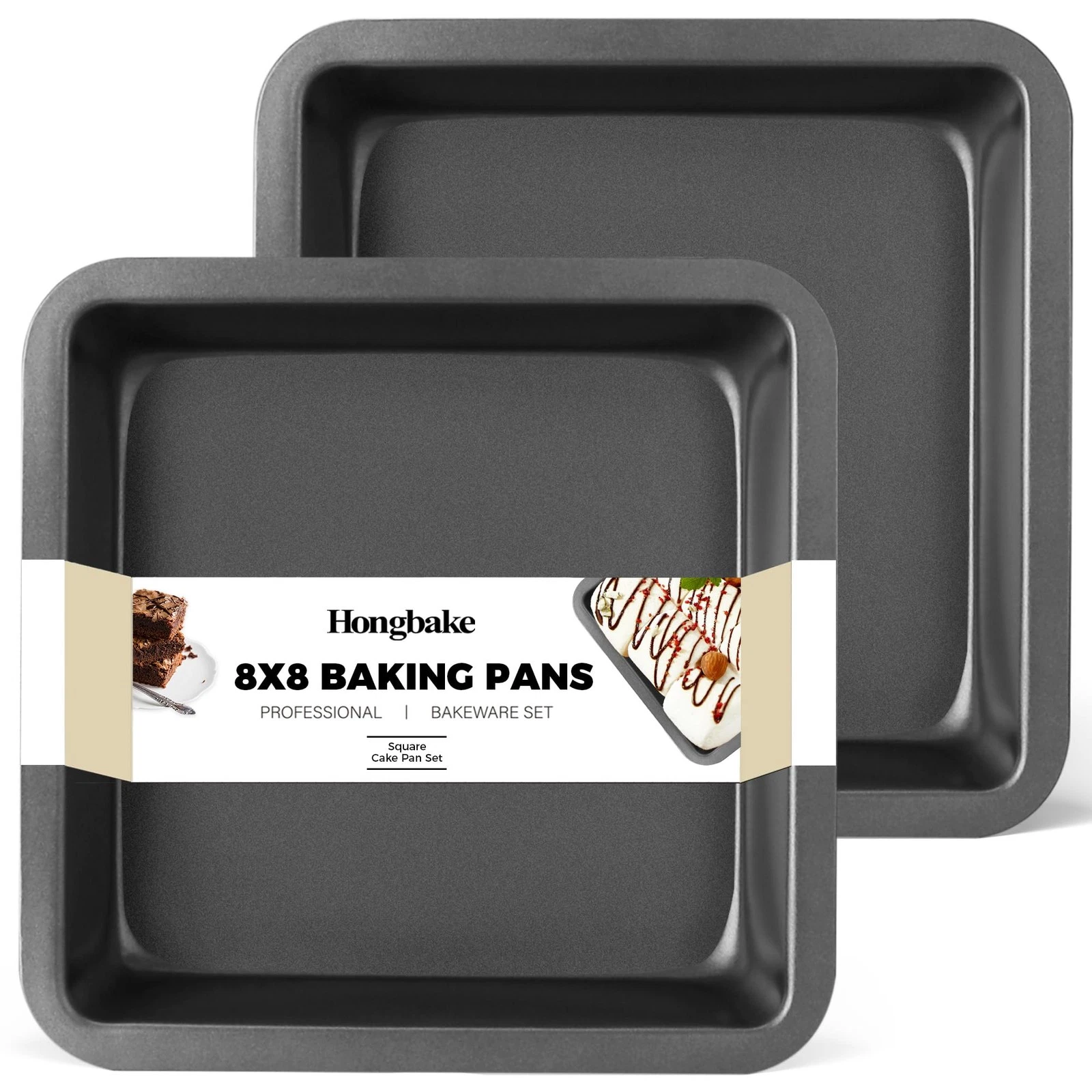 8x8 Cake Baking Pan Set Nonstick Square Brownie Pans Wider Grips 2 PCS Grey