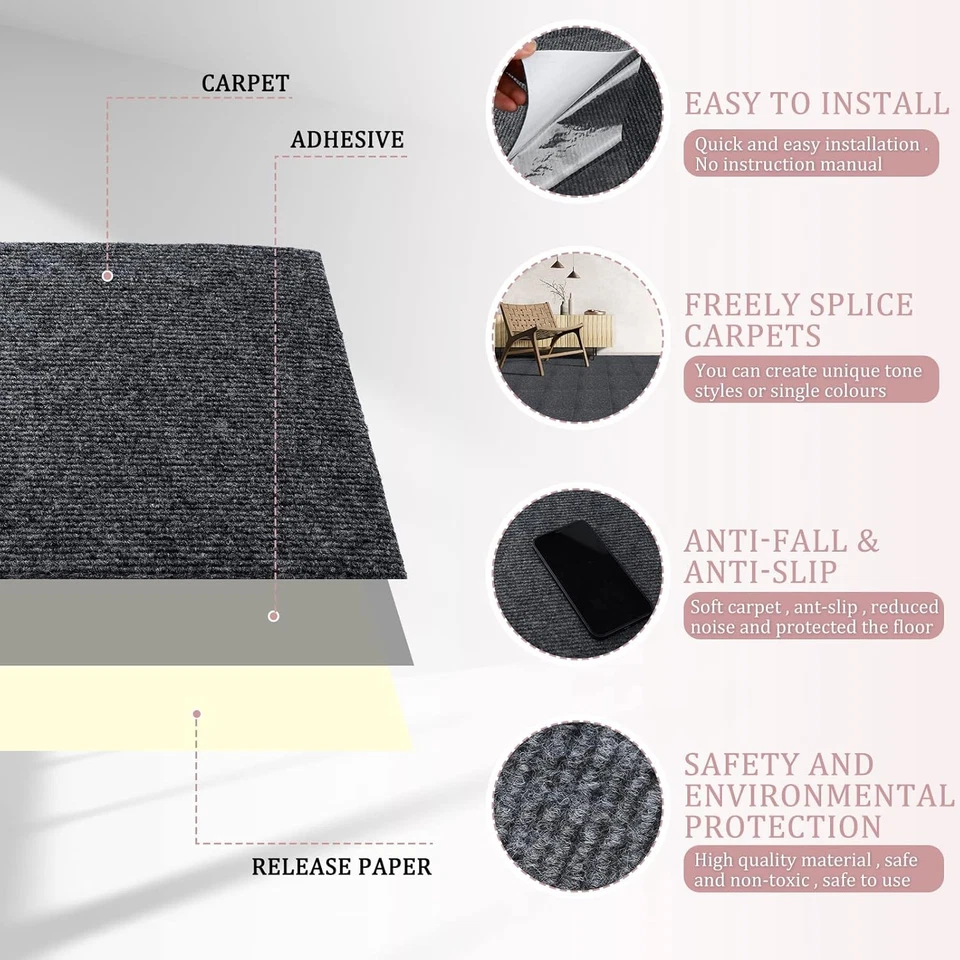 20-100X Teppichfliesen Selbstklebend 30x30cm Filzfliesen Teppichboden Bodenbelag - Bild 3 von 4