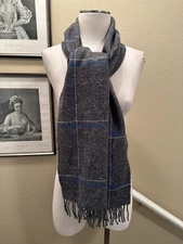 72x11 Avoca The Mill Ireland Gray White & Blue Plaid Wool Blend Scarf W Fringe