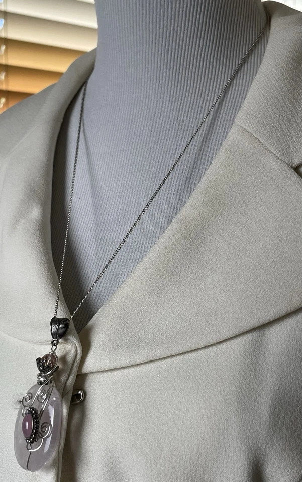 Collar Tono Plata Grueso Genuino Cuarzo Colgante Cadena Cable Foto 3 de 4