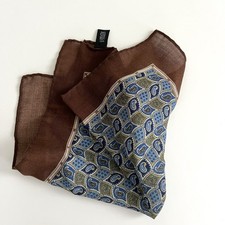 Luxury 100 Wool Pocket Square Handrolled ITALY Blue Paisley Brown Border Men's