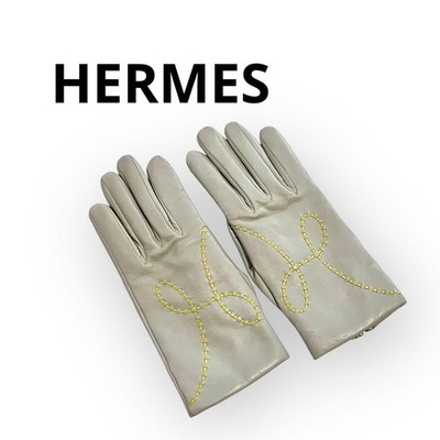 HERMÈS Handschuhe Lissabon Größe 7 hellgrau mit gelber Stickerei Authentic
