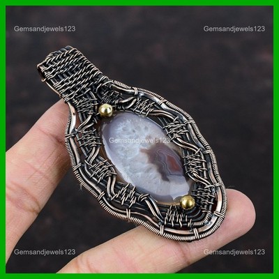 Daughters Day Deal Copper Crazy Lace Agate Gemstone Wire Wrapped Pendant Jewelry