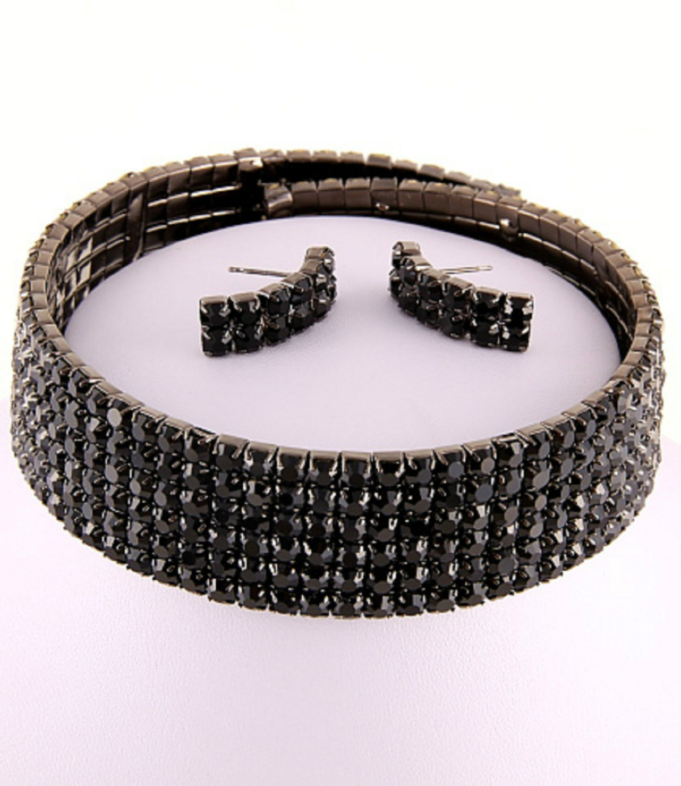 6Row Black Rhinestone Choker Necklace & Post Earrings Set eBay