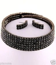 6-Row Black Rhinestone Choker Necklace & Post Earrings Set