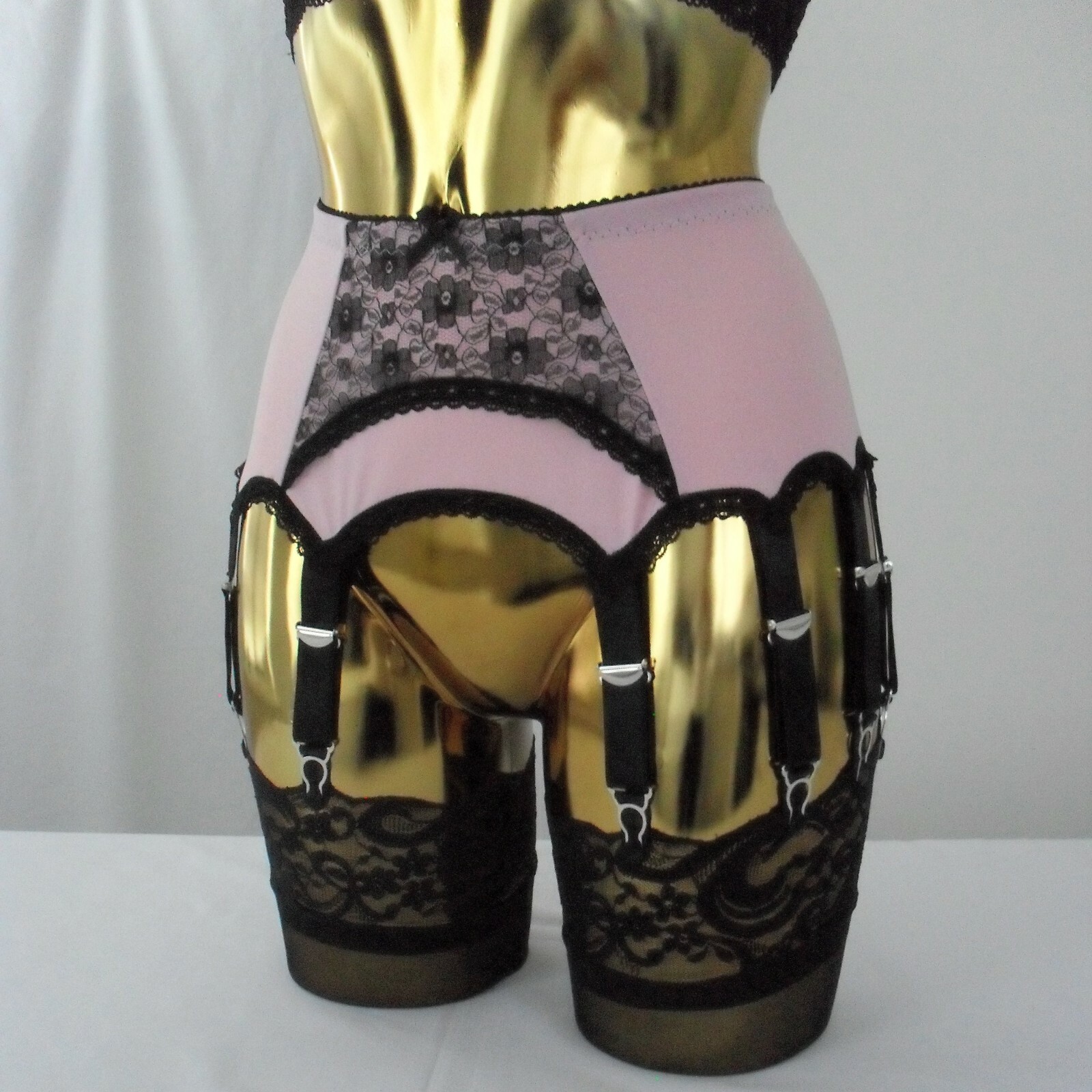 XL 14 Tira Bebé Rosa Lycra + Negro Arco Encaje Diseñador Sexy Retro Liguero