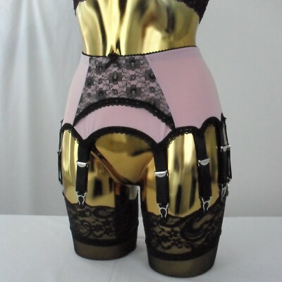 XL 14 Strap Baby Pink Lycra + Black Arch Lace Designer Sexy Retro Suspender Belt