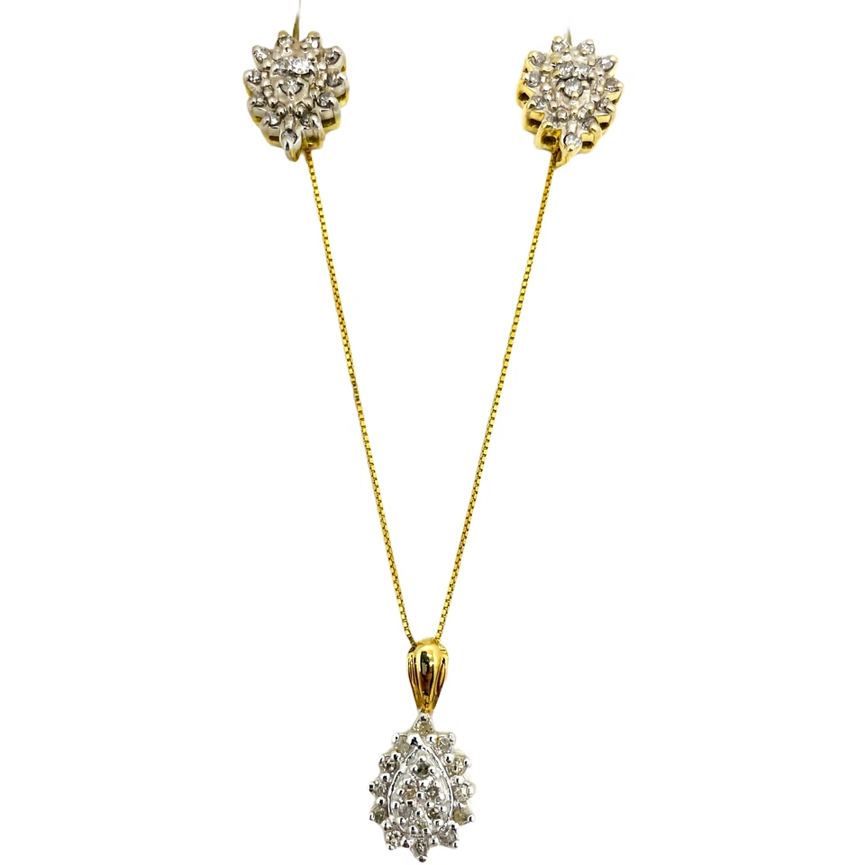 Juego de collar aretes colgantes con racimo de diamantes de oro amarillo de 10k de 3,5 gramos Foto 2 de 4