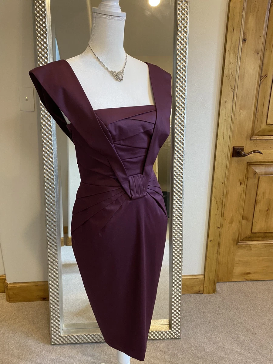 Escada Square Neck Burgundy Pencil Dress w Pleat Detail US 4 DE