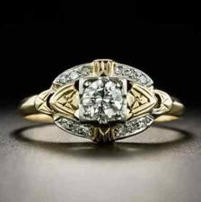 2Ct Round Cut Real Moissanite Art Deco Engagement Ring 14K Yellow Gold Plated