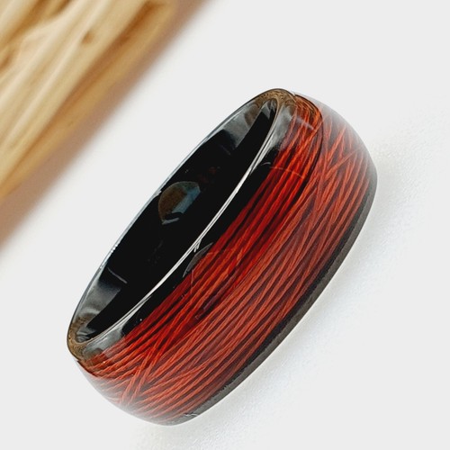Black Tungsten Men's Ring Dome Black Tungsten Wedding Ring with Red Wire Inlay - Picture 6 of 12