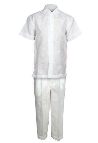 Jungen weiß 100 % Leinen Set 4331_WHT_ 2-teilig Blumen bestickt Hemd & Hose 4 bis 18 - Bild 1 von 5