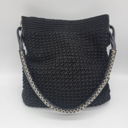 Vintage CHATEAU Czarna szydełkowa torebka z uchwytem ze sztucznej skóry Torba na ramię - Zdjęcie 1 z 8